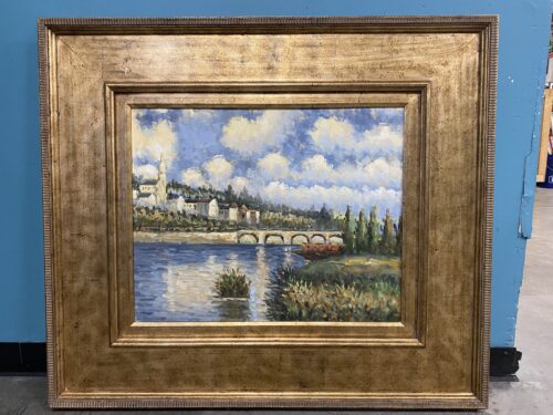 Riverside Village and Stone Bridge Impressionist Painting on Canvas in Oversized Gold Frame