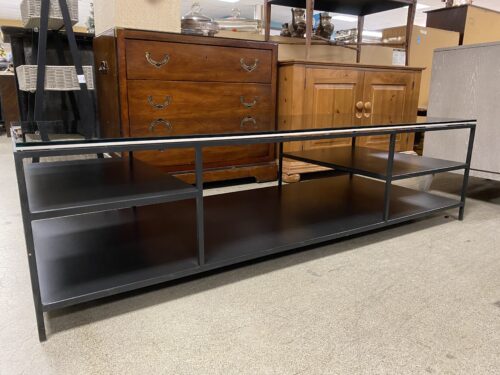 Industrial Black Glass Top Media Stand w/ Metal Base