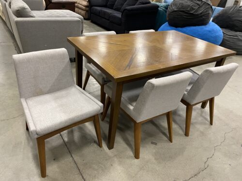 Marquetry Top Dining Table with 5 Grey Baxton Studio Chairs