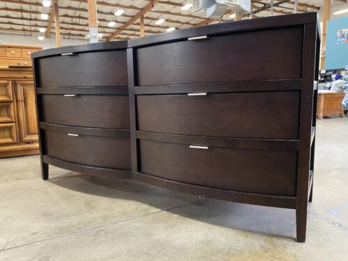 Espresso Breakfront 6 Drawer Dresser with Silver Handles