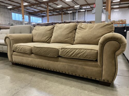 BROYHILL Tan Upholstered 3 Seat Sofa with Nailhead Trim