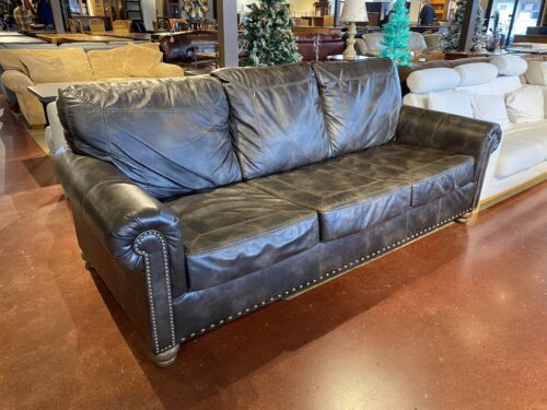 Dark Brown Sofa with Rolled Arms and Nailhead Trim