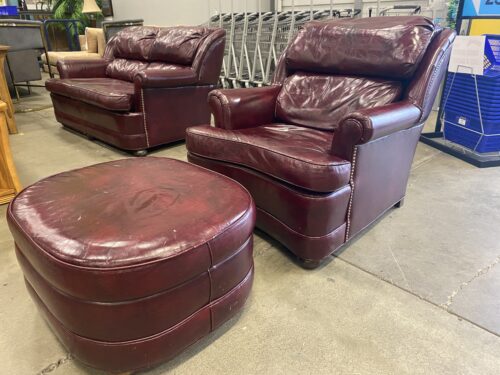 ETHAN ALLEN  Vintage Oxblood Leather Armchair with Ottoman