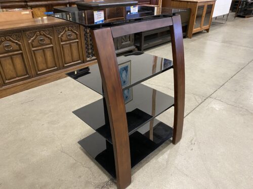 4 Tiered TV Stand with Black Glass Shelves and Curved Walnut Front