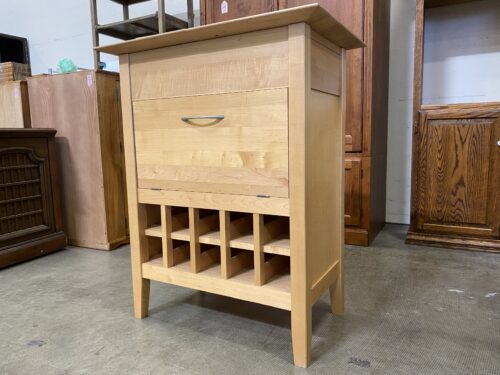 Blonde Wine Cart with Sliding Top and Drop Leaf Glass Storage