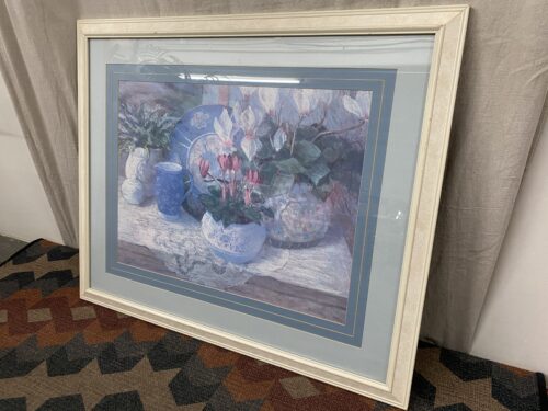 "Vessels and Flowers on a Ledge With Cloth" Print by Jackie Simmonds