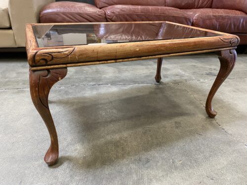 Wooden Accent Table with Glass Insert Top and Cabriole Legs