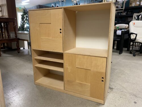 Natural Wood 4 Cube Shelf w/ 2 Geometric Doors