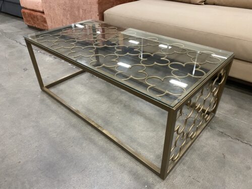 Gold Tone Quatrefoil Open Frame Coffee Table with Glass Top