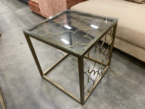 Gold Tone Quatrefoil Open Frame End Table with Glass Top