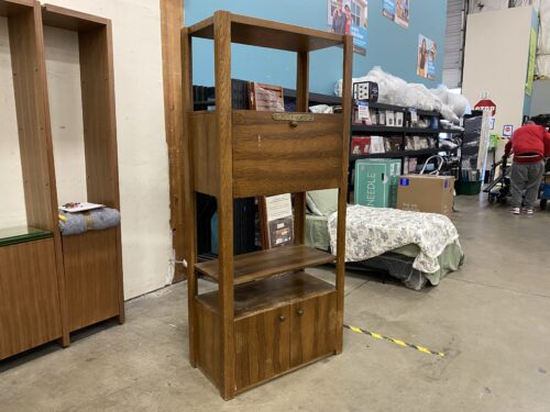 Wooden Open Frame Drop Leaf Shelving with Bottom Cabinet and "Ship's Doctor" Plaque