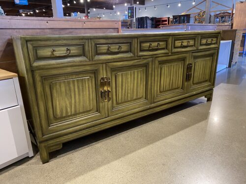 Rustic Green Longboy Dresser with Drawers and Shelves
