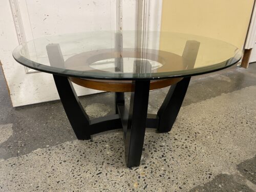 Round Glass Top Coffee Table w/ Black & Gold Wood Base