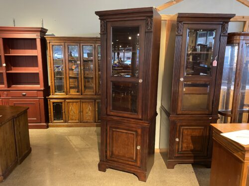 Dark Cherry Wood Curio Cabinet with Left Point Corner