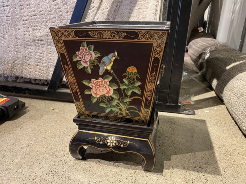 Black Lacquer Planter with Hand Painted Floral Motifs