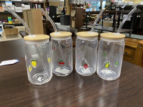 Cute Fruit Clear Cup with Bamboo Lid and Straw (Set of 4)