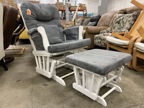 White Wooden Rocking Chair with Blue Cushions and Ottoman