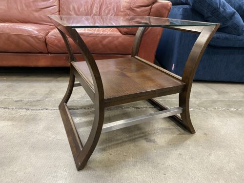 Dark Wood 2 Tier End Table with Curved Sides and Glass Top