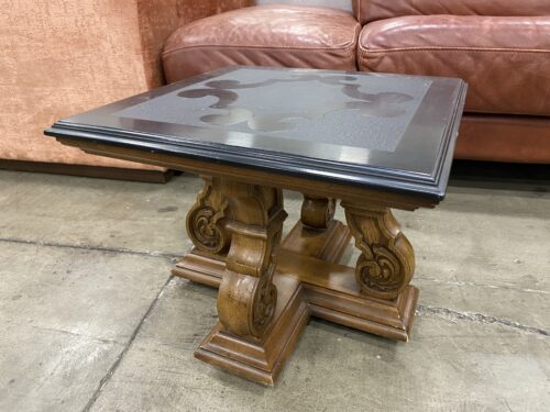 Traditional Style Wooden Low End Table with Ornate Carved Based