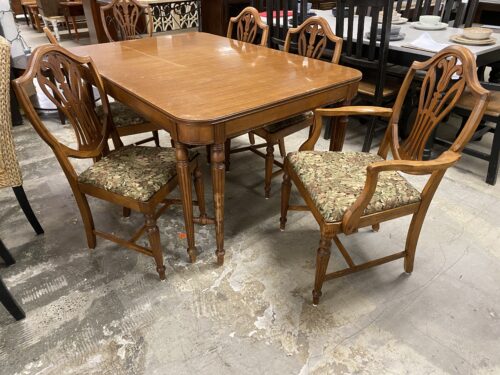 Vintage Dining Table w/ Leaf & 6 Upholstered Shield Back Chairs (Set of 7)