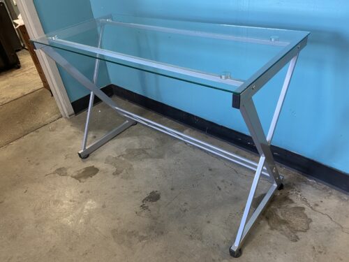 Glass Top Metal Frame Desk with Crossed Legs