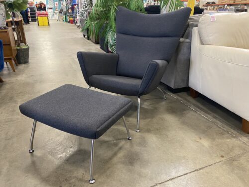 Wegner's Style Wing Chair with Ottoman in Charcoal Grey