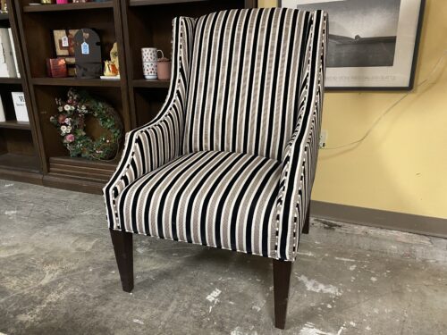 Grey, Black & White Striped Wingback Armchair
