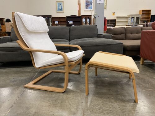 IKEA Poang Rocker and Ottoman with White and Tan Cushions