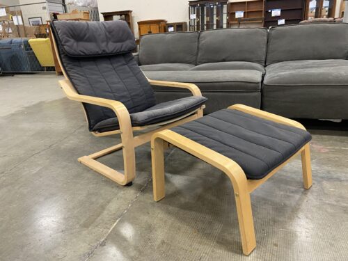 IKEA Light Wood Poang Rocker and Ottoman with Black Cushions