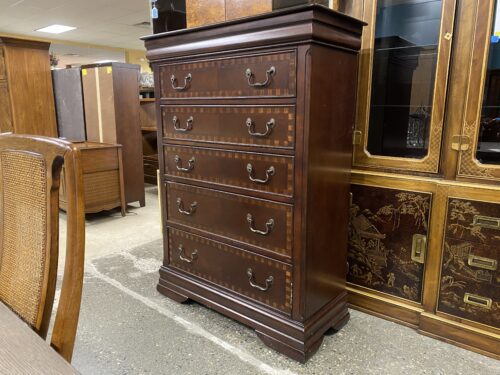 Dark Brown Wood 6-Drawer Tallboy Dresser w/ Striped Inlay