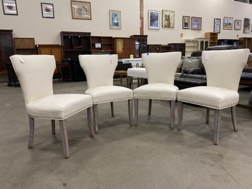 White Leather Dining Chairs with Ikat Upholstery and Nailhead Details (set of 4)