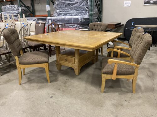Blonde Finish Wooden Dining Table Set with Leaf Insert Featuring Chevron Pattern & Drawered Base