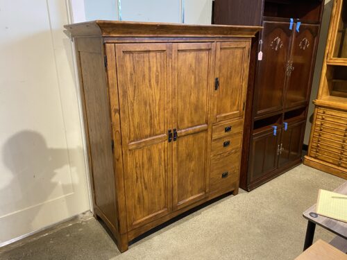 Mission Style Computer Armoire with Drawers and Shelving