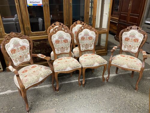 Floral Upholstered Dining Chairs w/ Carved Light Wood Frame (Set of 6)