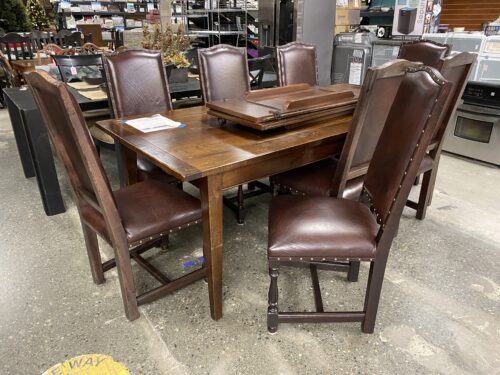METROPOLIS Solid Wood & Leather Dining Set w/ 8 Chairs & 2 Leaves