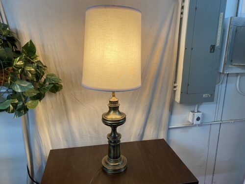 HONI CHILO Vintage Ornate Brass Table Lamp w/ Beige Drum Shade