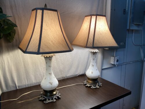 Vintage Milk Glass Table Lamps w/ Brass Bases (Set of 2)