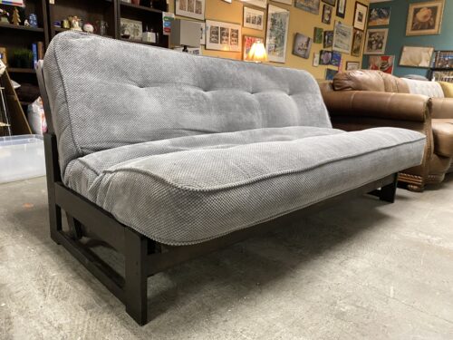 Grey Microfiber Tufted Futon w/ Dark Wooden Base
