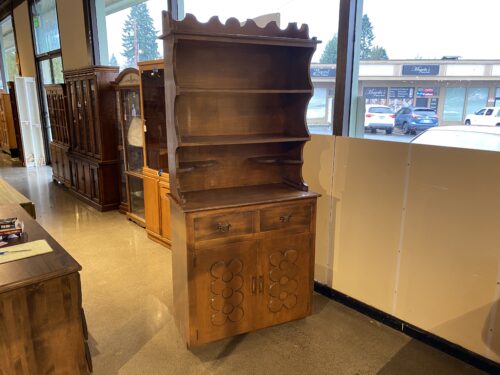 Vintage Two Piece Cabinet with Unique Carved Doors and Brass Hardware