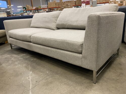 CRATE & BARREL Grey Tweed Tyson Sofa with Square Arm and Metal Base