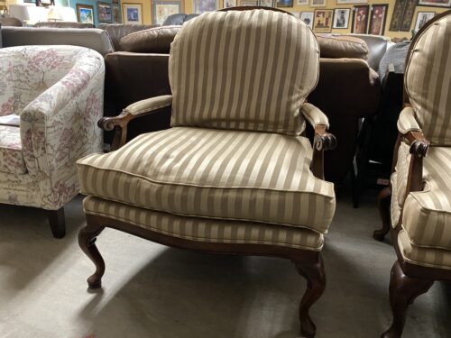 HARDEN  French Provincial Striped Armchair w/ Carved Wood Frame