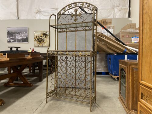 Gold Tone Metal Wine Bottle and Glass Storage Rack with 2 Glass Shelves