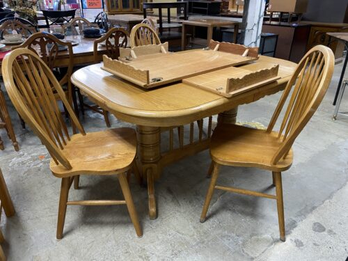 Natural Wood Decoratively Carved Dining Table w/ 2 Leaves & 3 Windsor Chairs