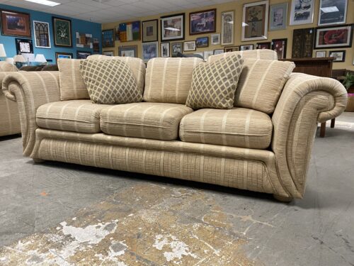 Tan Upholstered Stripped Fabric Roll Arm Sofa