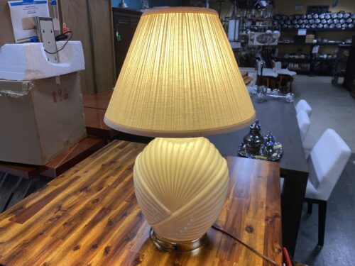 Vintage Ivory Glass Seashell Lamp w/ Pleated Shade