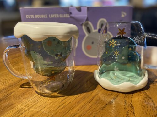 NEW! Christmas Tree Double Layer Glass Mug Set w/ Lids (Set of 2)