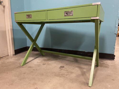 Spring Green 2 Drawer Writing Desk with Crossed Legs and Silver Accents