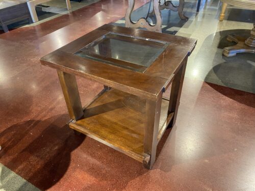 Wooden End Table with Center Glass Top and Lower Shelf