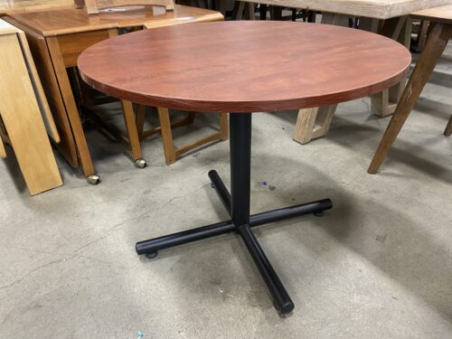 Round Wooden Pedestal Table with Black Metal Base