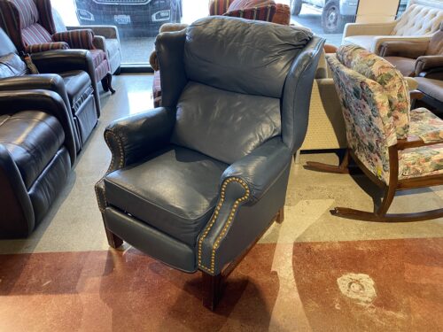 Blue Leather Push Back Recliner Chair with Nailhead Detail